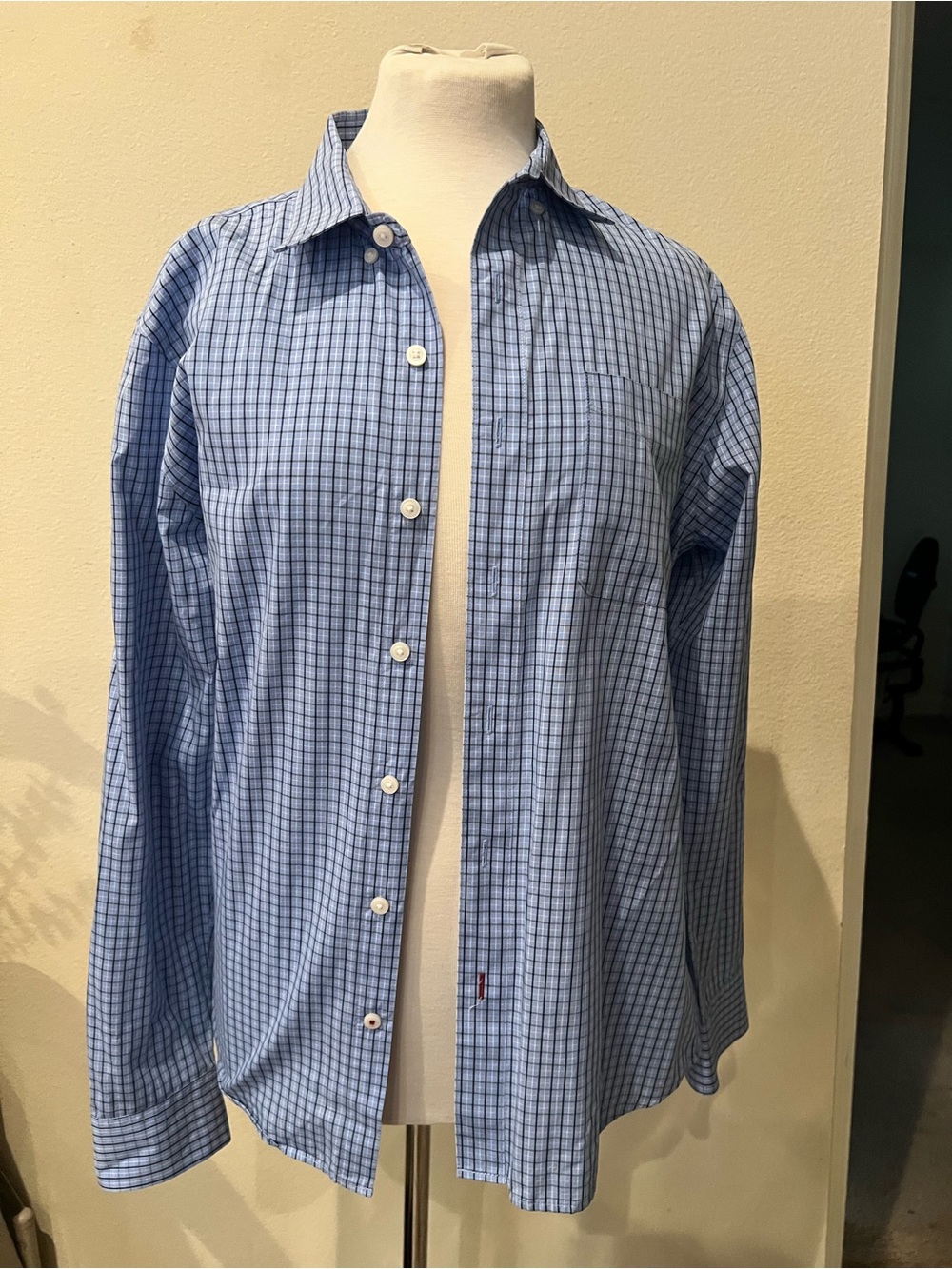 Giordano Men's Blue Checked Dress Slim Shirt - Classic Point Collar Size Medium